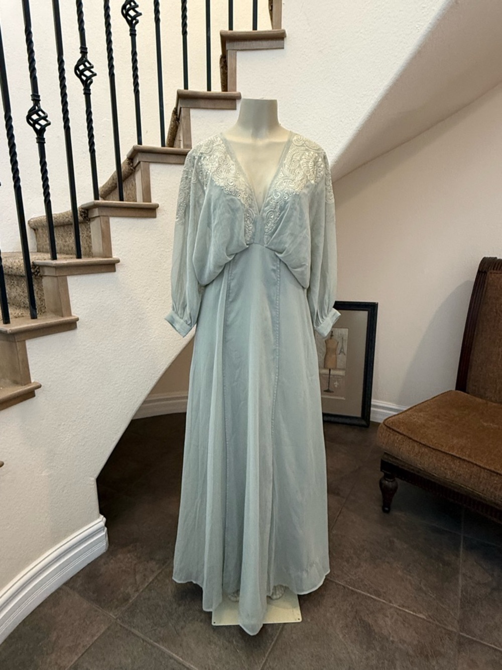 NWT ASOS Sage Green Embroidered Maxi Dress US 6 | Boho Open Back